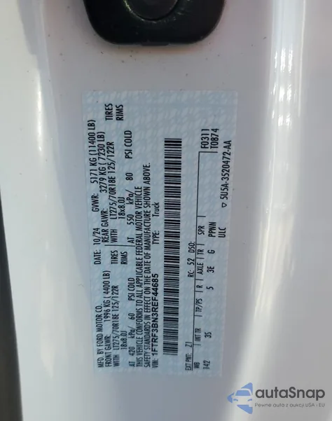 2024 Ford F350 Super Duty z USA, uszkodzony, nr VIN 1FTRF3BN3REF44685